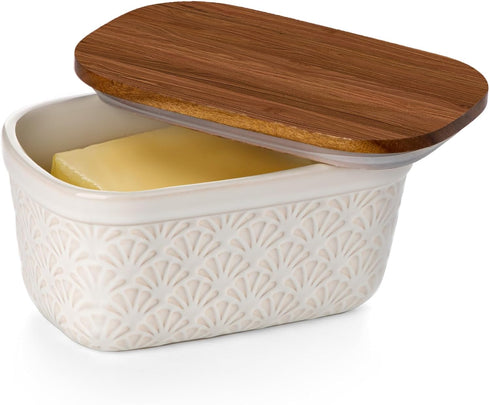 Nucookery Ceramic Butter Dish, Embossed Butter Keeper with Wood Lid for Countertop,