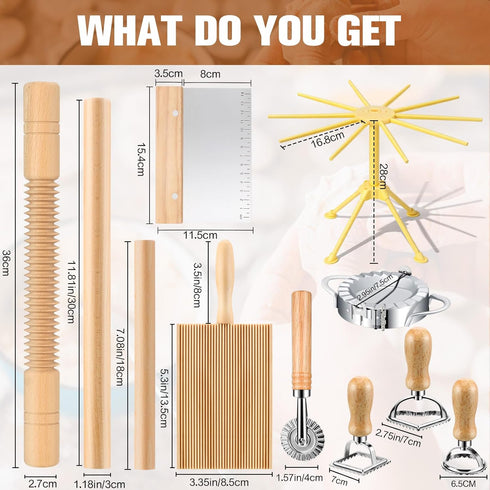 11 Set, Pcs Pasta Making Tools Kit - Pasta Drying Rack, Gnocchi Board,Pasta Cutter, Ravioli Stamps, Wood Threaded Pasta