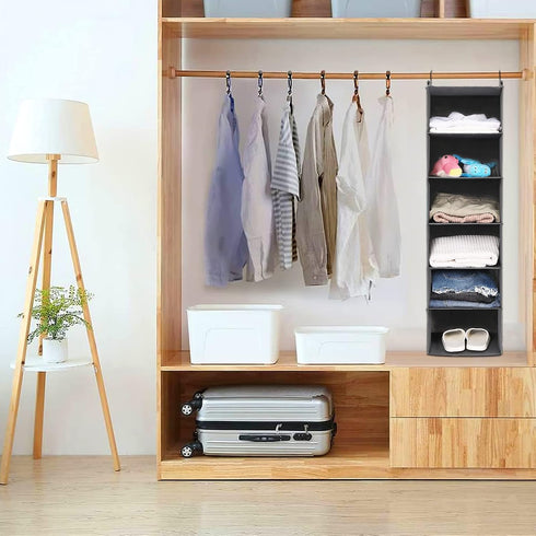 MAX Houser 6 Tier Shelf Hanging Closet Organizer, Foldable Hanging Shelf with 2 Sturdy Hooks for Storage (Grey)