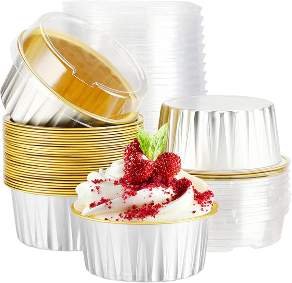 EUSOAR Cupcake Liners with Lids, 30pcs 5oz Disposable Aluminum Foil Ramekins for Baking, Dessert Cups with Lids