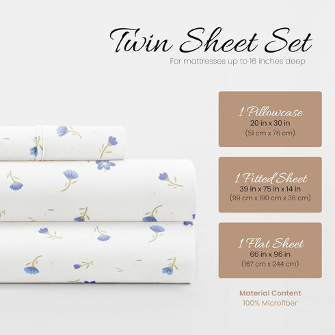 Linen Market Double-Brushed Microfiber Twin Sheet Set, 3 Piece, Oeko-TEX Certified, Soft Floral Light Blue