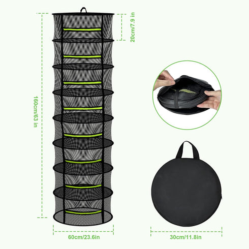Hanging-8 (23.62") MEKOLIFE Herb Drying Rack Layer, Collapsible Large Capacity Mesh Net with Green Zipper, Hooks