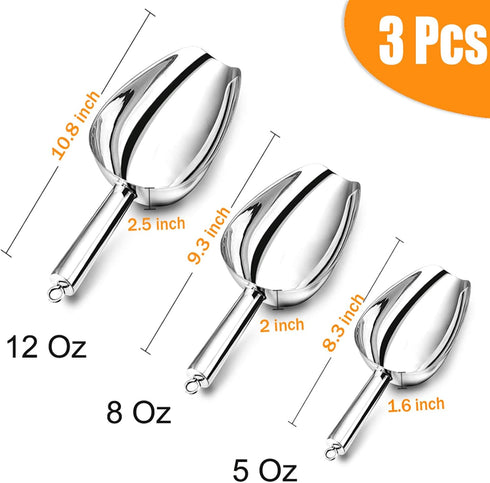 P&P CHEF Stainless Steel Canister Scoop Set of 3, Ice Candy Scoop, Mirror Finish, Dishwasher Safe, Silver, 5+8+12 Oz