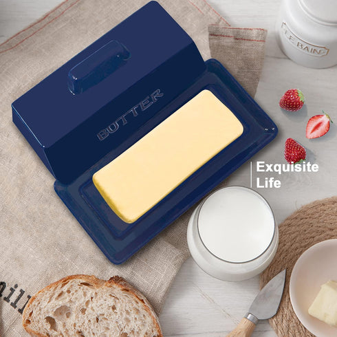 Gute Butter Dish with Lid, Covered Ceramic Butter Tray Storage for 1 Stick of Butter, Navy Blue