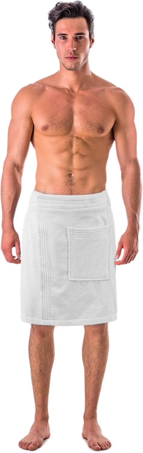 Turkish Cotton Terry Velour Adjustable Body Wrap Towel for Men, White, One Size