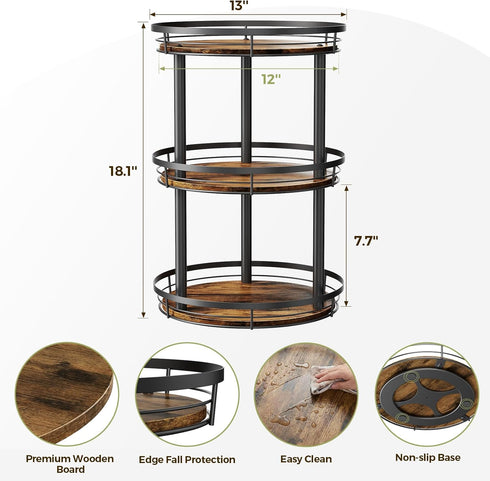 12'' 3 Countertop, LAMU Wood Lazy Susan Spice Rack Organizer, Tier Spice Organization for Cabinet, Kitchen, Table Top