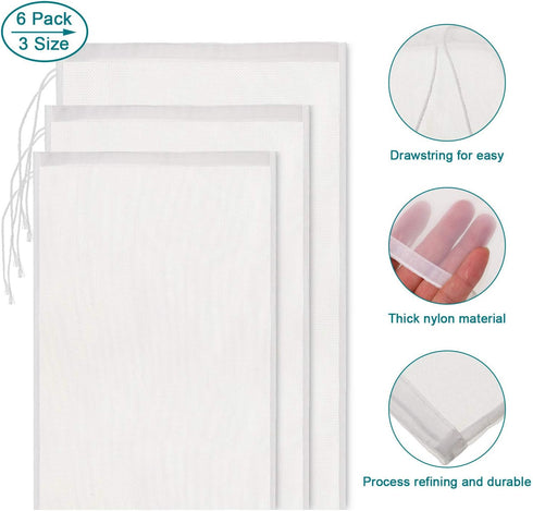 6 Pack 3 Boao Nut Milk Bags - Reusable Food Strainer Bags with Fine Mesh Nylon Drawstring, Sizes