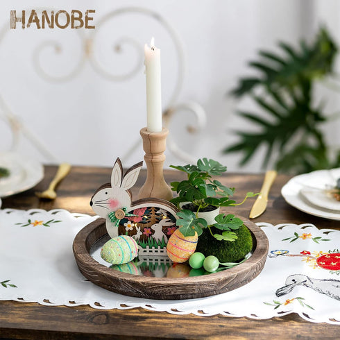 Hanobe Round Wood Decorative Tray: Rustic Wooden Tray for Coffee Table Farmhouse Centerpiece Mirror Candle Holder