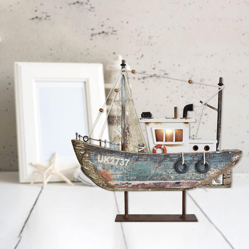 Sailboat Aecipl Nautical Decor Wood Model with LED Light - Beach Themed Sailing Boat Ornament Wooden Coastal Tabletop