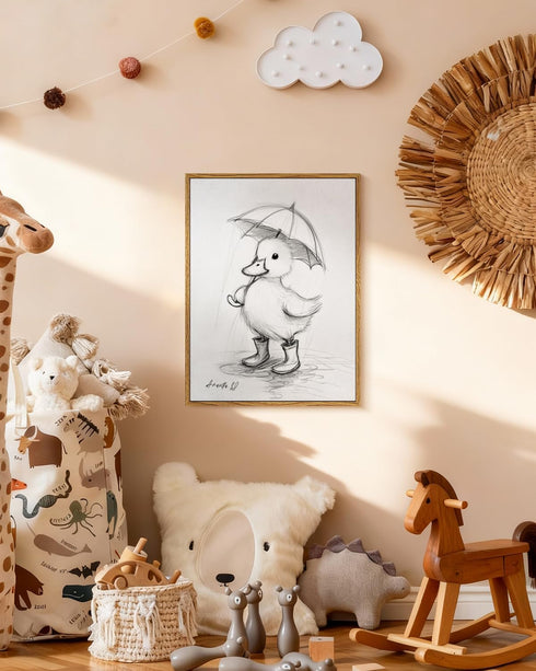 12x16 Inch, Framed Duck Canvas Wall Art Cute Baby Duck Sketch Illustration with Umbrella Print, Minimalist Black