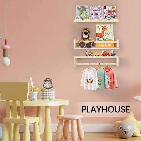 16.5" Set 2+1, Floating Book Shelves for Wall, Natural Wood Nursery Shelves for Book Storage, Solid Pine Wooden