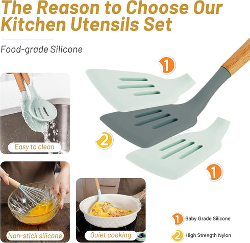 QMVESS Silicone Kitchen Utensils Set, 35 Pcs Non-Stick Cooking Accessories with Wooden Handles