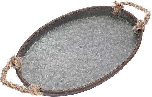 Hipiwe Galvanized Metal Iron Oval Tray with Rope Handle Farmhouse Serving Tray Rustic Industrial Decorative Centerpiece