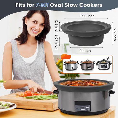 Slow Cooker Liners, Reusable & Leakproof Silicone for 7-8 QT Crock Pot, Dishwasher Safe, BPA Free (Grey)