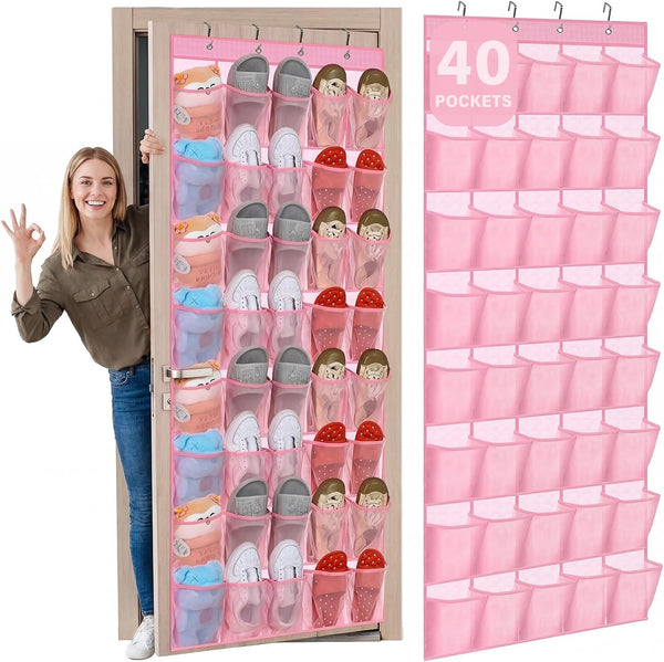 Windyun 40 Over the Door Shoe Organizer Large Breathable Mesh Pockets Pink
