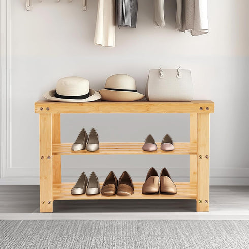 3-Tier 286lb 11.3 27.6 17.8 Inches, Sweetcrispy Shoe Rack Bench, Bamboo Entryway Storage Organizer, Capacity, Shoes