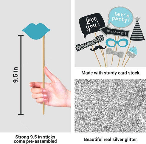 Fully Assembled Sweet 16 Birthday Photo Booth Props - Set of 30 - Teal Blue & Silver Selfie Signs with Real Glitter