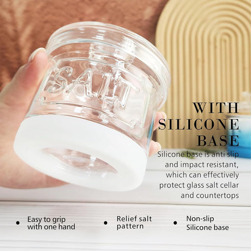 Countertop 12oz Glass Salt Cellar with Lid Salt Container with Spoon for Embossed Pattern Salt Box for Storing Sea Salt