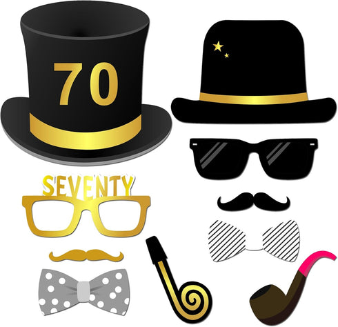 Konsait 70th Birthday Party Photo Booth Props (50 Counts) Black and Gold Decorations for Him Her