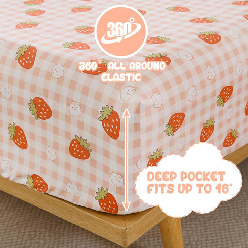 Set 4 Yibeizi Pink Strawberry Sheet for Girls, Cute Full Size Kids Checkered Patterned Bedsheet Microfiber Deep Pocket
