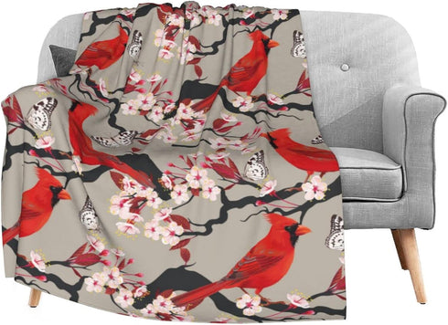 Red Cute Birds Cherry Flowers Soft Throw Blanket - 40x50 inch Lightweight Warm Flannel Fleece for Couch Bed
