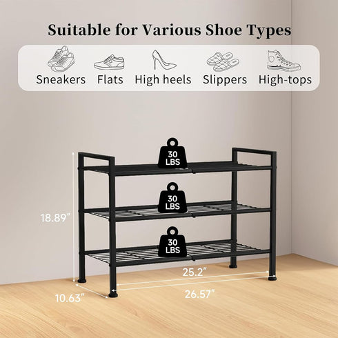 3-Tier 26.5-Inch Closet Adjustable Shoe Rack, Wide Metal Storage Organizer for Entryway, Heavy-Duty Stand for Shoes