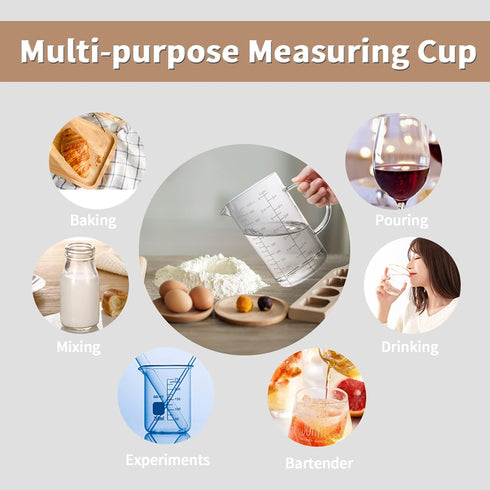 Newness Glass Measuring Cup with Handle - 500 ML (0.5 Liter, 2 Cup) with Three Scales and V-Shaped Spout