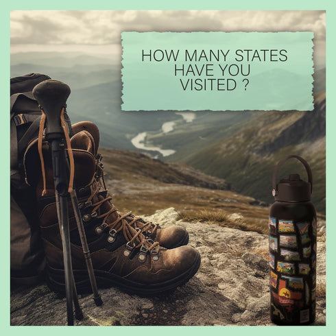 United States Map 32 oz Stainless Steel Water Bottle with Waterproof Stickers and Leak Proof Lid (BLACK)