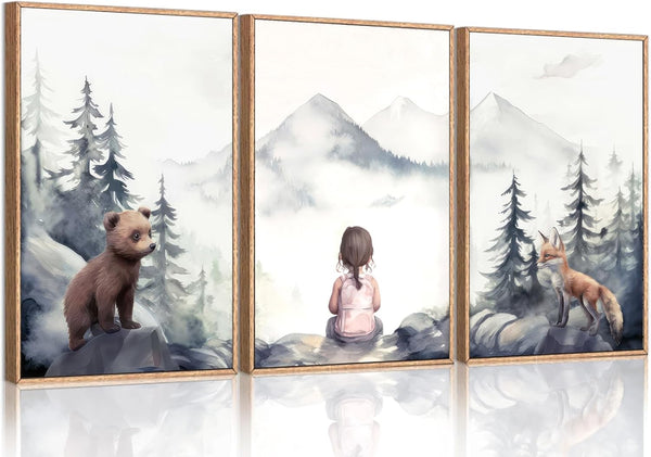 Generic 3Pcs Girls Adventure Nursery Wall Art Woodland Animals Bear & Fox Wall