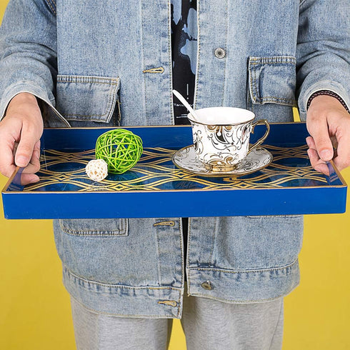 15.7" 10.2" 1.57" MAONAME Blue Decorative Tray with Handles, Plastic Serving Tray for Coffee Table, Marbling