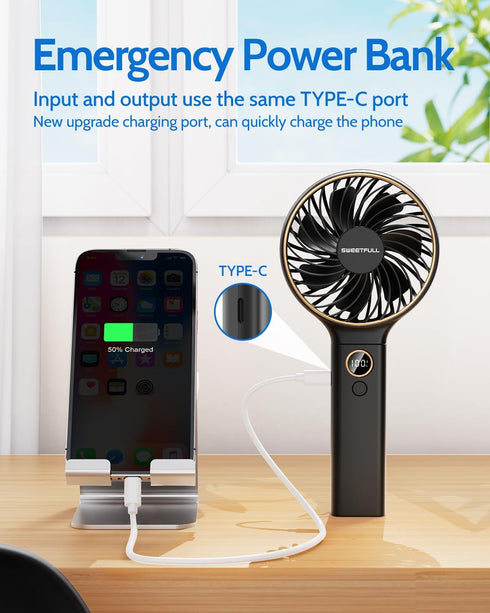 SWEETFULL Handheld Fan, Portable Fan, 5000mAh Rechargeable Battery, 6 Speed Wind, Mini Travel Fan with Backup Power
