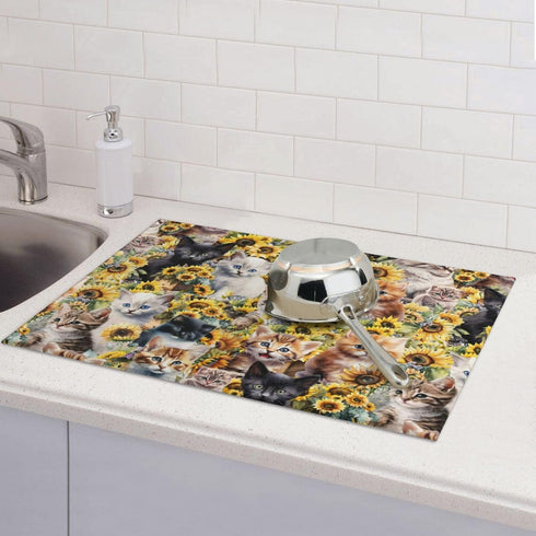 Cute Cat Dish Drying Mat, 18 x 24 Inch Microfiber Kitchen Countertop Absorbent Reversible Drainer Rack Pad for Kitchen