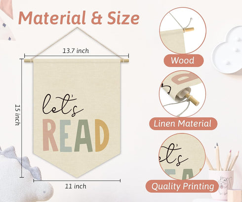 XYDEG 15x11in Reading Corner Decor, Let's Read Sign Kids Room Wall Canvas Banner, Library Boho Classroom Bookshelf