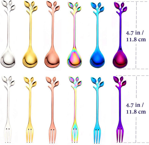 Gold Leaf Coffee Spoon Set of 6, Retro Stainless Steel Mini Cutlery, 4.7 Inch Ice-Cream Tea Stirring Spoons