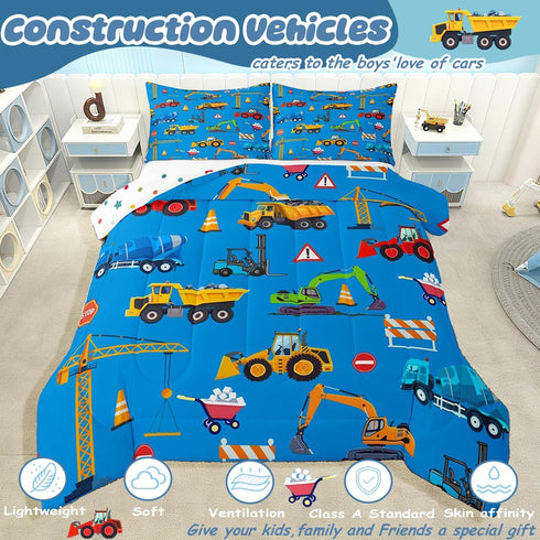 Set Set 1 Feelyou Construction Comforter Boys Twin Size Blue Excavator Bedding with Pillow Cases Kids Trucks Comforter