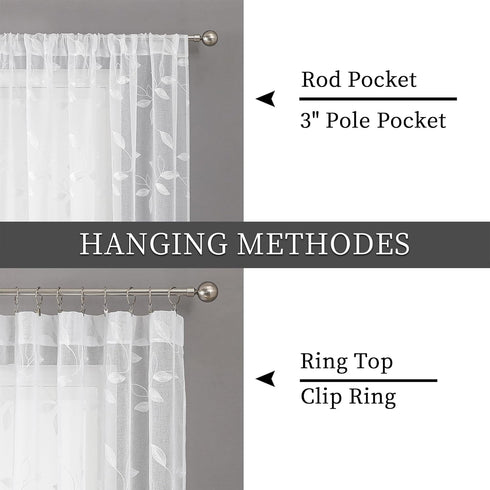 Tollpiz White Leaf Sheer Tier Curtain, 30 x 36 inches, Set of 2 Panels, Embroidered Voile Kitchen Bathroom Treatment