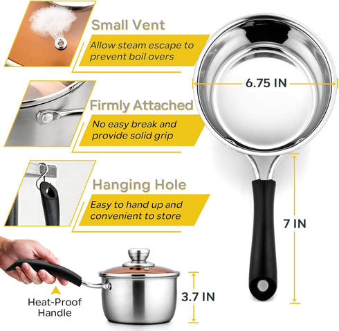 E-far Saucepan with Lid, Max Capacity 2 Quart Stainless Steel Sauce Pot with Glass Lid for Cooking, Easy Clean & Rust Free, Dishwasher Safe by E-far