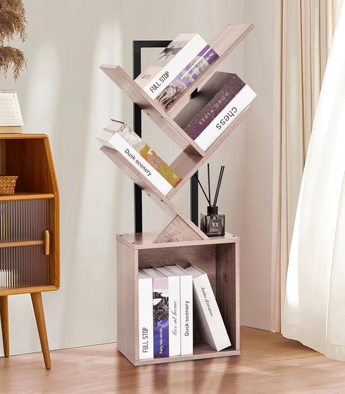 4-Tier Tree Bookshelf Bookcase with Storage Cabinet, Modern Corner Bookshelves, Narrow Wood Book Rack, Mini Floor