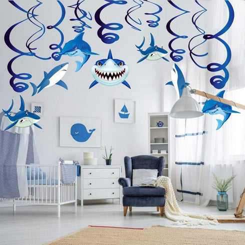 30PCS Shark Hanging Swirls Decorations - Summer Pool Under the Sea Party Supplies for Baby Shark Birthday