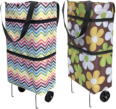 Swpato Reusable Grocery Bags with Waterproof Coating and Folding Wheels - 2 Pack