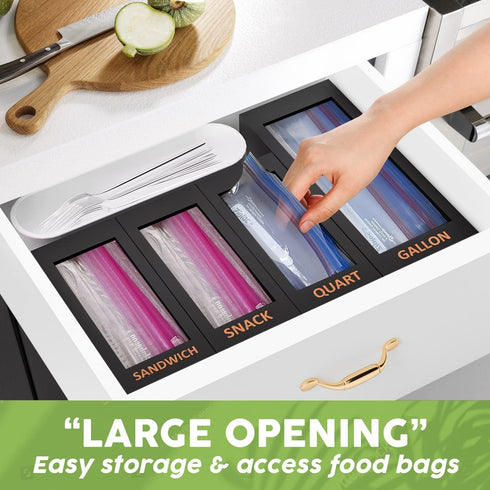 DALSHABET Bamboo Storage Bag Organizer for Kitchen Drawer, 4 Separate Food Storage Bag Organizer, 12x14 Baggie