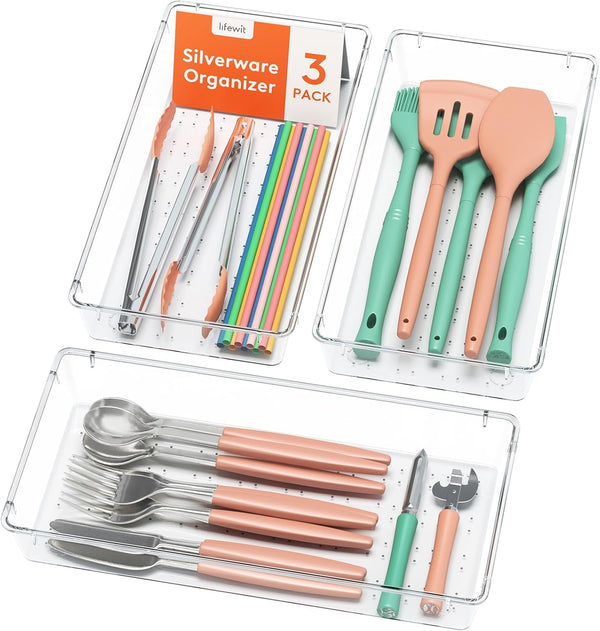 Lifewit Silverware Drawer Organizer, 5.75" x 11.65" Clear Utensil Tray, Stackable Plastic Cutlery Storage Box (3 Pack)