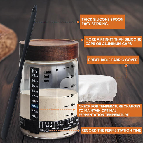 77L 35 oz 2 Pack Sourdough Starter Jar, Sourdough Starter Kit with Date Marker Feeding Band, Thermometer, Food-Grade