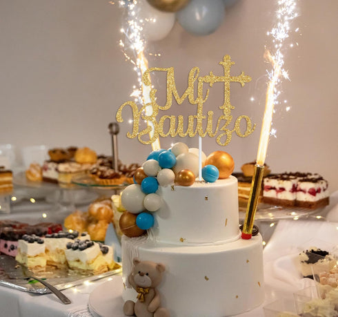 Spanish Mi Bautizo Cake Topper, Baby Shower Party Decor, Gold Glitter for 1st Birthday/Gender Reveal