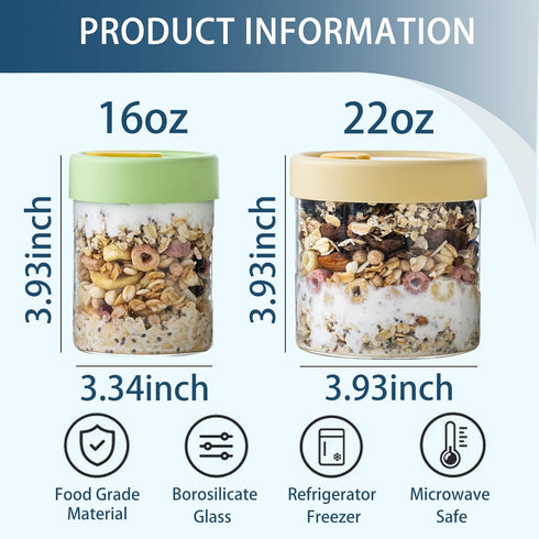 22oz 16 oz (8PCS) Overnight Oats Containers with Lids, & Glass Jars with Airtight Lids, Wide Mouth Overnight Oats Jar