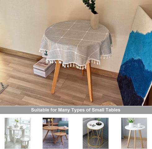 36 Inch Round Lattice Small Tablecloth Cotton Linen Grey Dust-Proof Washable Boho Embroidery Table Cover Rustic Table