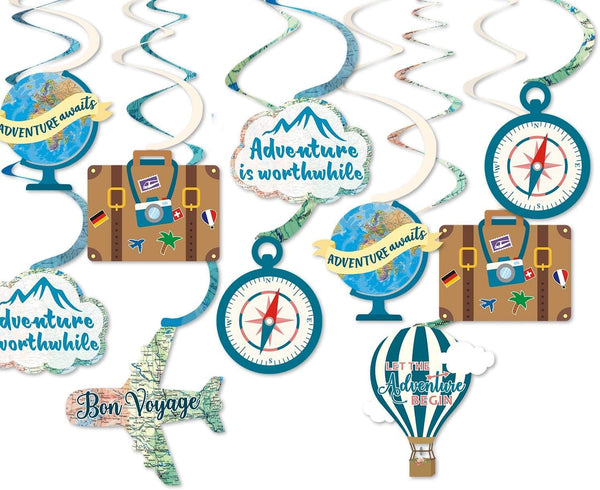 30CT Adventure Awaits Travel Themed Hanging Swirl Decorations - Bon Voyage, Farewell, Retirement Party Supplies