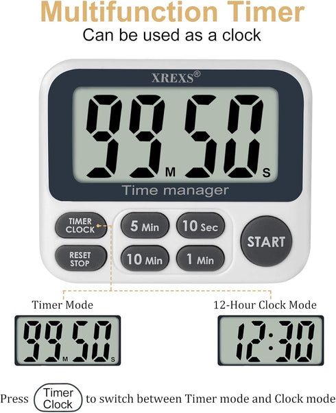 XREXS Digital Kitchen Timer, Magnetic Countdown Cooking Timer Clock with Large LCD Display and Loud Alarm