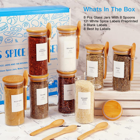 8 10 oz 148 Pcs Glass Containers with Bamboo Lids and Spoons - Sugar Container with Kitchen Pantry Spice Jar Labels