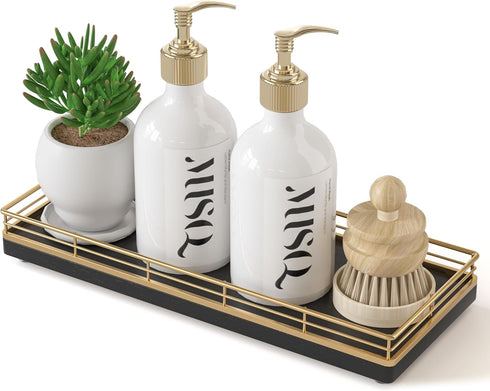 Oak Wooden Decorative Kitchen Tray, 11" L Dish Soap Sponge Holder for Sink Countertop, Spice Salt and Pepper Organizer